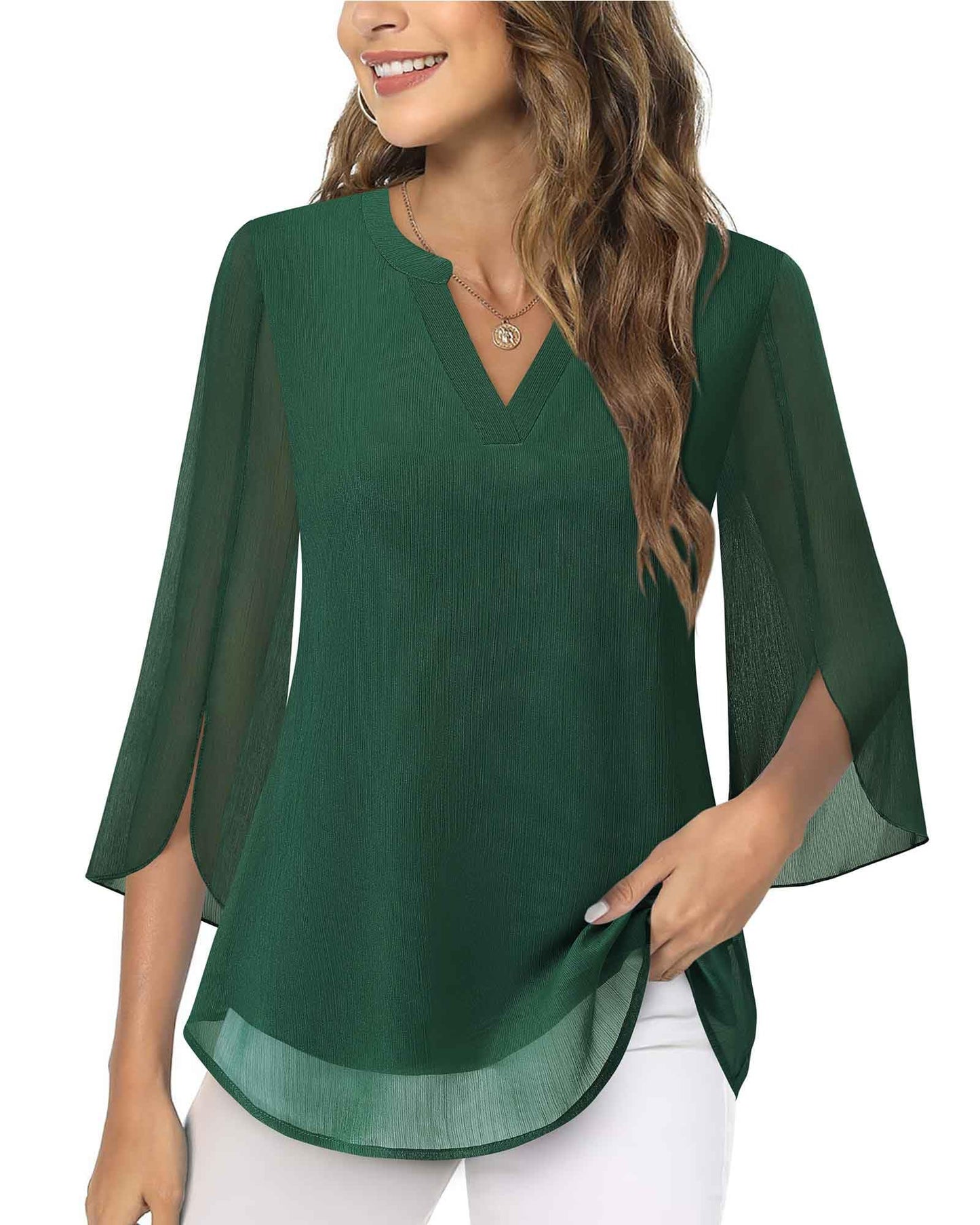 Timeson Women's 3/4 Sleeve Chiffon Blouse Shirt V Neck Dressy Tunic Tops