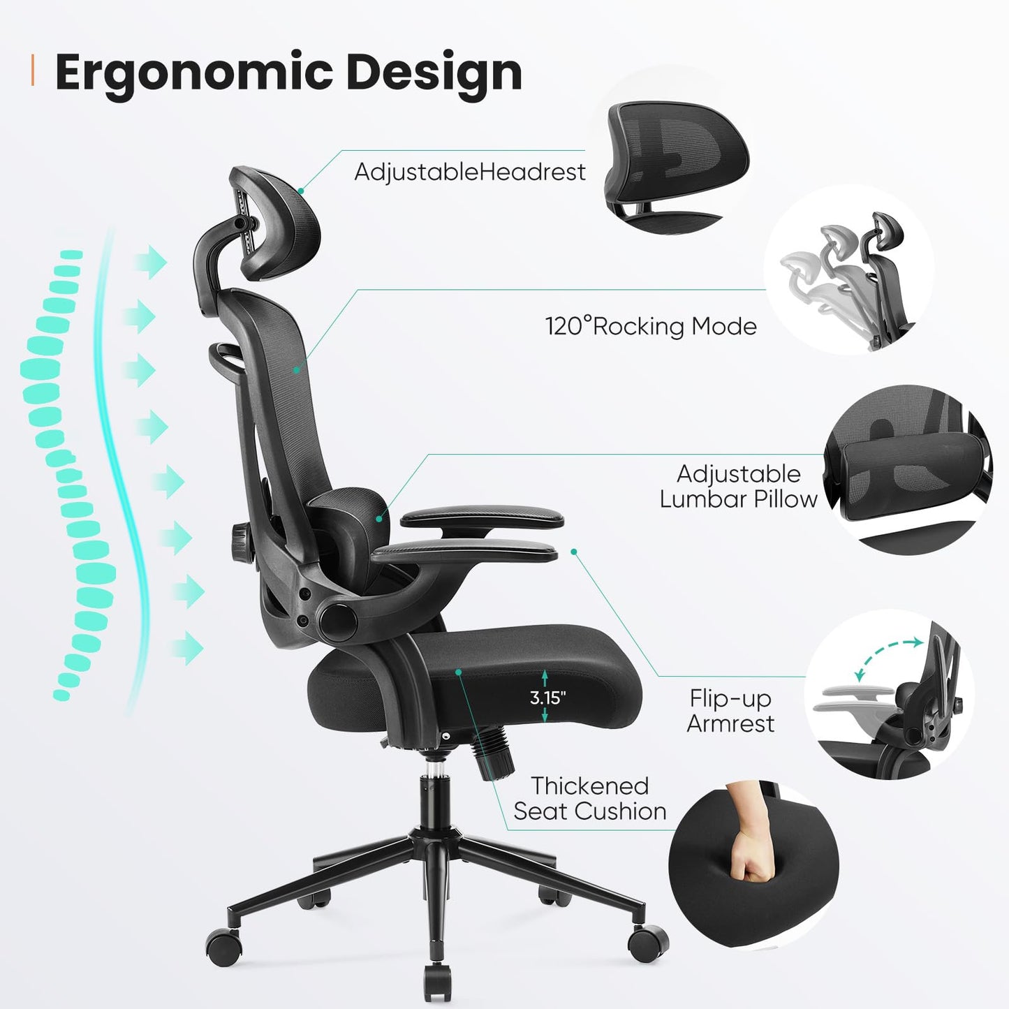 Ergonomischer Bürostuhl aus Netzgewebe, Schreibtischstuhl mit hoher Rückenlehne und 2D-Kopfstütze, Lendenwirbelstütze mit Auf- und Ab-Funktion, drehbarer Computer-Arbeitsstuhl mit verstellbaren, hochklappbaren Armlehnen, Schwarz 