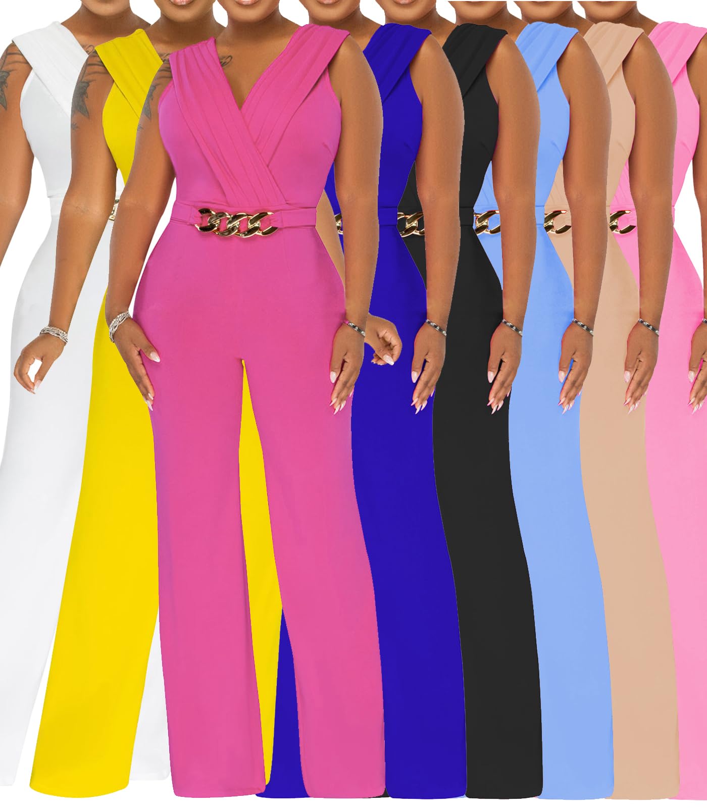 Women's Summer Formal Dressy Jumpsuits Elegant V Neck Sleeveless Party Rompers Stretchy Wrap Wide Leg Long Pants Clubwear