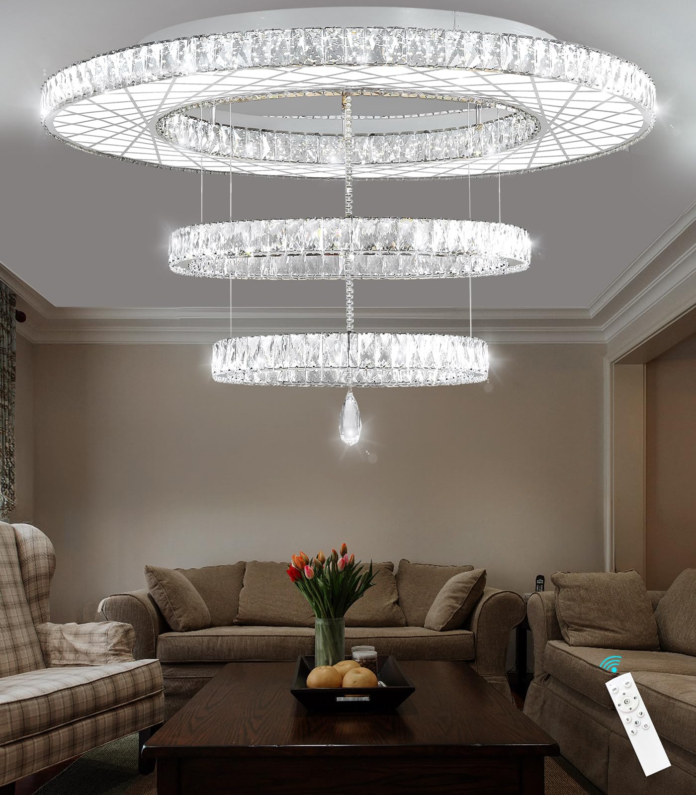 Modern Flush Ceiling Chandelier Bedroom Light Fixtures Crystal Flat Sloping Ceiling Lights for Hallway Kitchen Dining Room Dimmable Light with Remote Gold