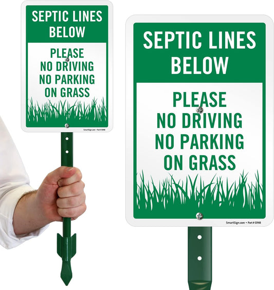 SmartSign Septic Lines Below Yard Sign, 10 x 7 in Aluminum Lawn Sign with 18 in Stake, Green & White