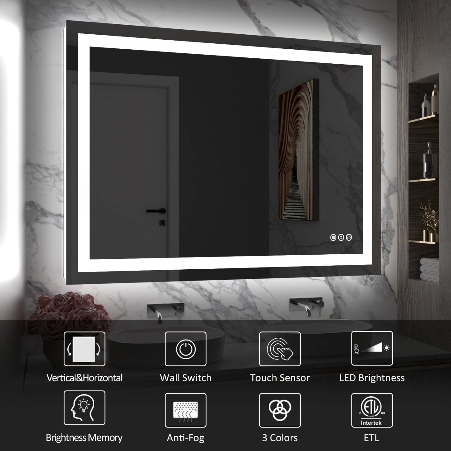 Amorho 20"x 28" LED Bathroom Mirror with Black Frame, Front Light and Backlit(Controlled Separately), Stepless Dimmable, Anti-Fog, Shatter-Proof, 3 Colors, Memory