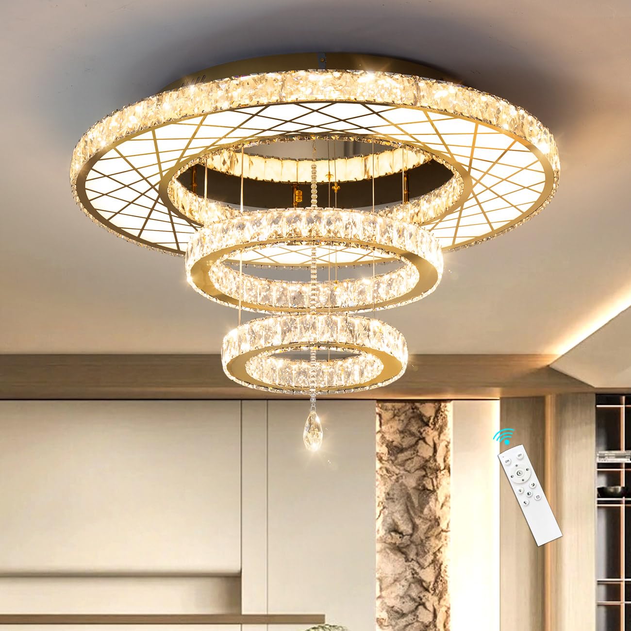 Modern Flush Ceiling Chandelier Bedroom Light Fixtures Crystal Flat Sloping Ceiling Lights for Hallway Kitchen Dining Room Dimmable Light with Remote Gold