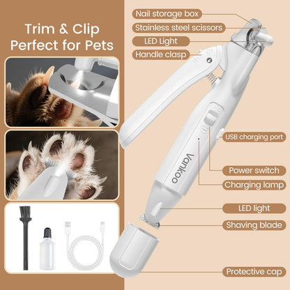 2-in-1 Dog & Cat Nail Clippers with LED Light, Rechargeable Pet Hair Trimmer, Waterproof Grooming Tool