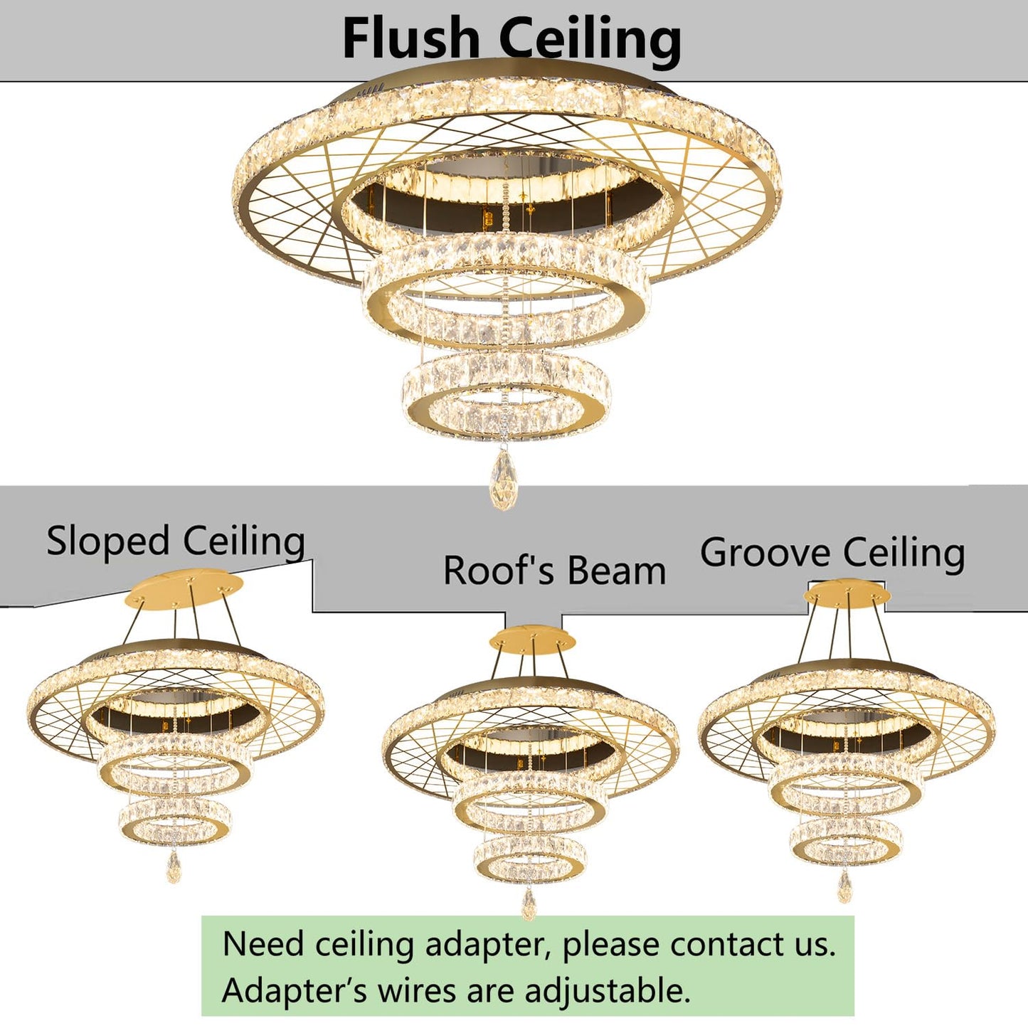 Modern Flush Ceiling Chandelier Bedroom Light Fixtures Crystal Flat Sloping Ceiling Lights for Hallway Kitchen Dining Room Dimmable Light with Remote Gold