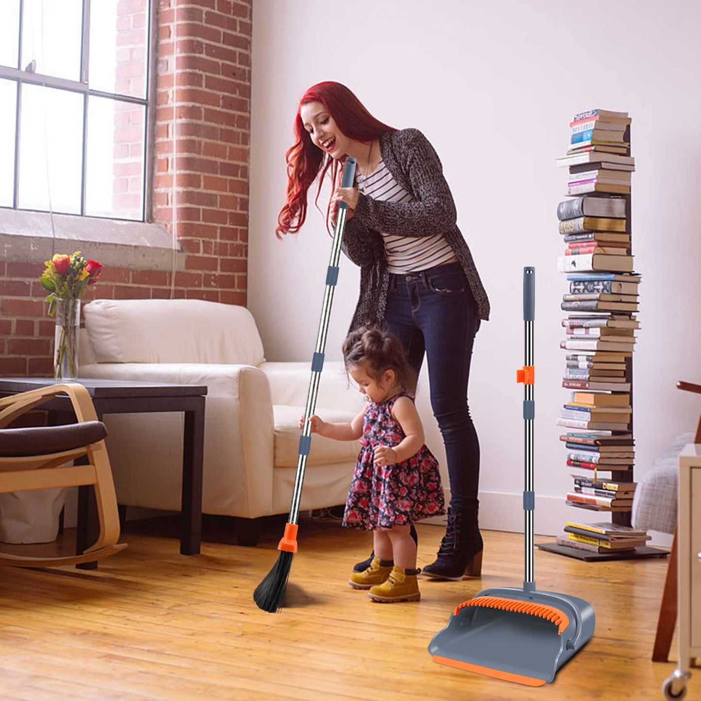 kelamayi Broom and Dustpan Set for Home, Stand Up Broom and Dustpan Combo for Office, Indoor&Outdoor Sweeping (Black&Red)