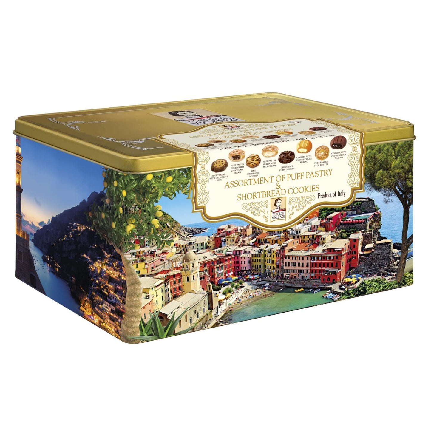 Matilde Vicenzi Roma Cookie Tin - Italian Pastries & Bakery Cookies in Individually Wrapped Trays - Bakery Dessert Gifts - Puff Pastry, Assorted Cookies in Italian Design Gift Tin 32oz (907g)