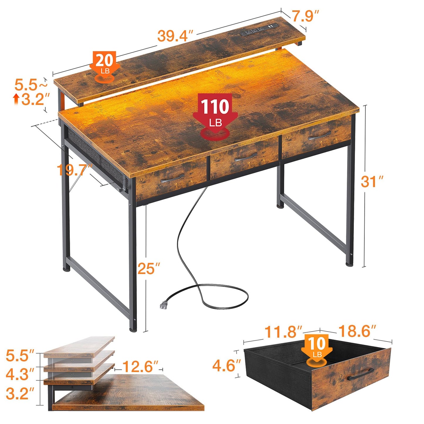 Bureau d'ordinateur ODK 54 pouces avec 3 tiroirs et prises d'alimentation USB, bureaux à domicile avec lumières LED et support de moniteur réglable, travail à domicile, table de travail/écriture/étude moderne pour chambre à coucher, noir 