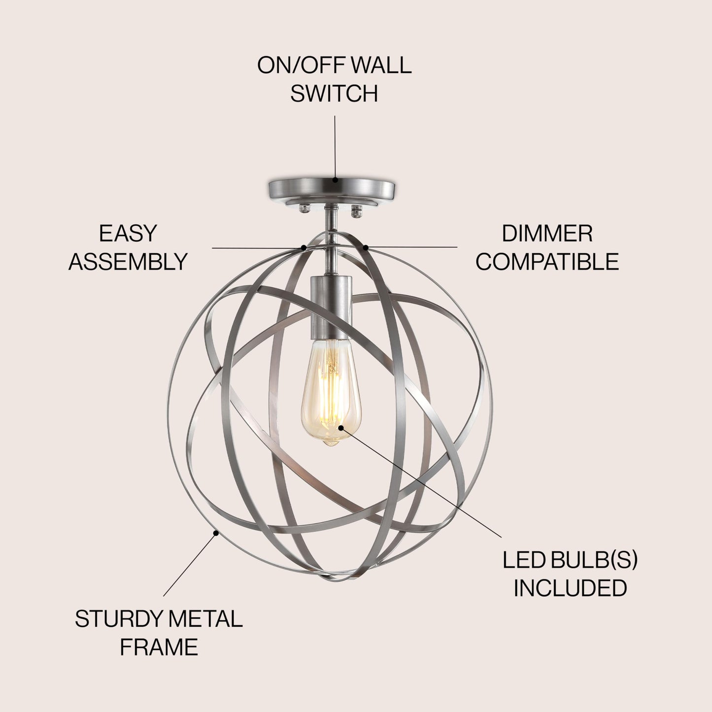 JONATHAN Y JYL9515B Alba 8,5" Metallkugel-LED-Deckenleuchte, modern, dimmbar, 2700 K, gemütliches warmes Licht, für Küche, Flur, Badezimmer, Treppenhaus, Nickel 