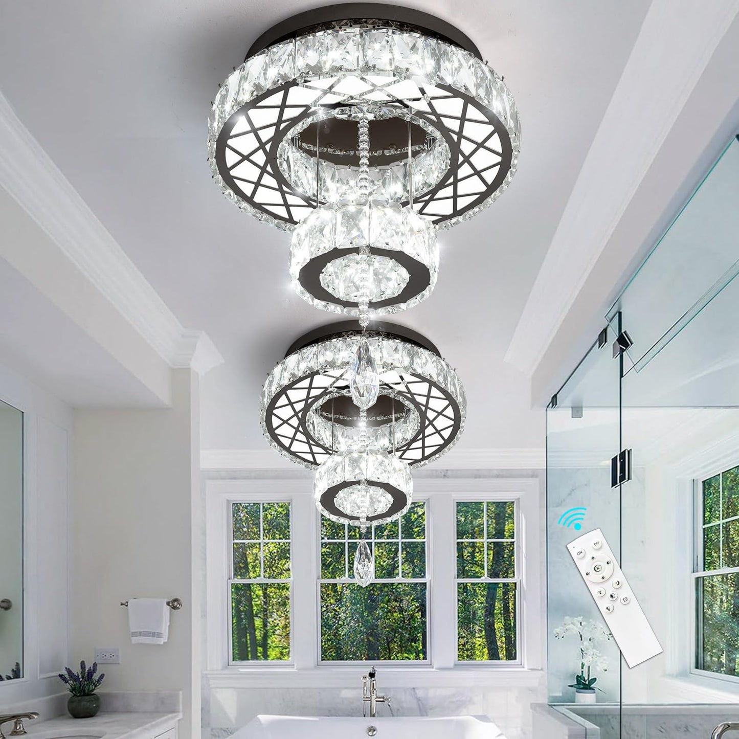 Modern Flush Ceiling Chandelier Bedroom Light Fixtures Crystal Flat Sloping Ceiling Lights for Hallway Kitchen Dining Room Dimmable Light with Remote Gold