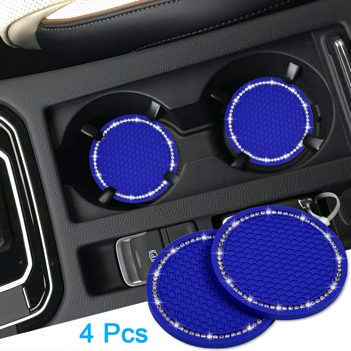 Dessous de verre Bling Car, Wisdompro Lot de 4 dessous de verre en PVC pour porte-gobelet de voiture - Accessoires d'intérieur de véhicule universels antidérapants Tapis de tasse à paillettes en cristal pour femmes et hommes (2,75" de diamètre, noir) 