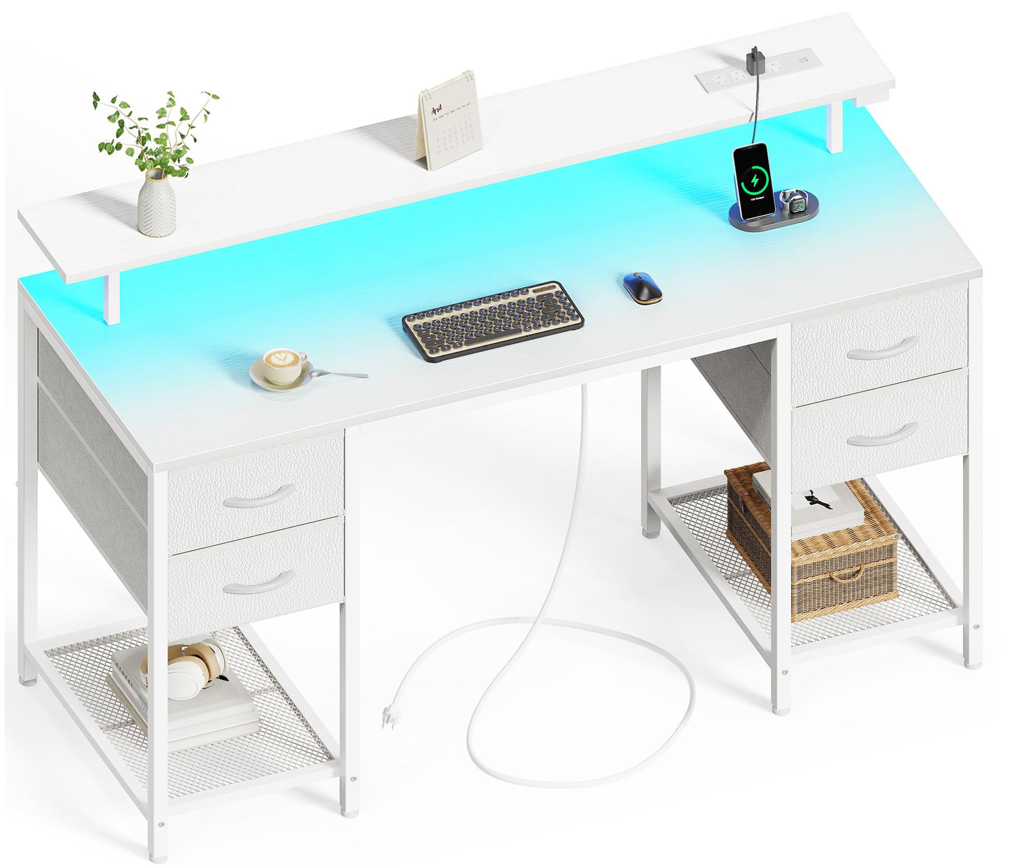 Bureau d'ordinateur Huuger de 47 pouces avec 4 tiroirs, bureau de jeu avec lumières LED et prises de courant, bureau à domicile avec grand espace de rangement pour chambre à coucher, travail à domicile, noir 