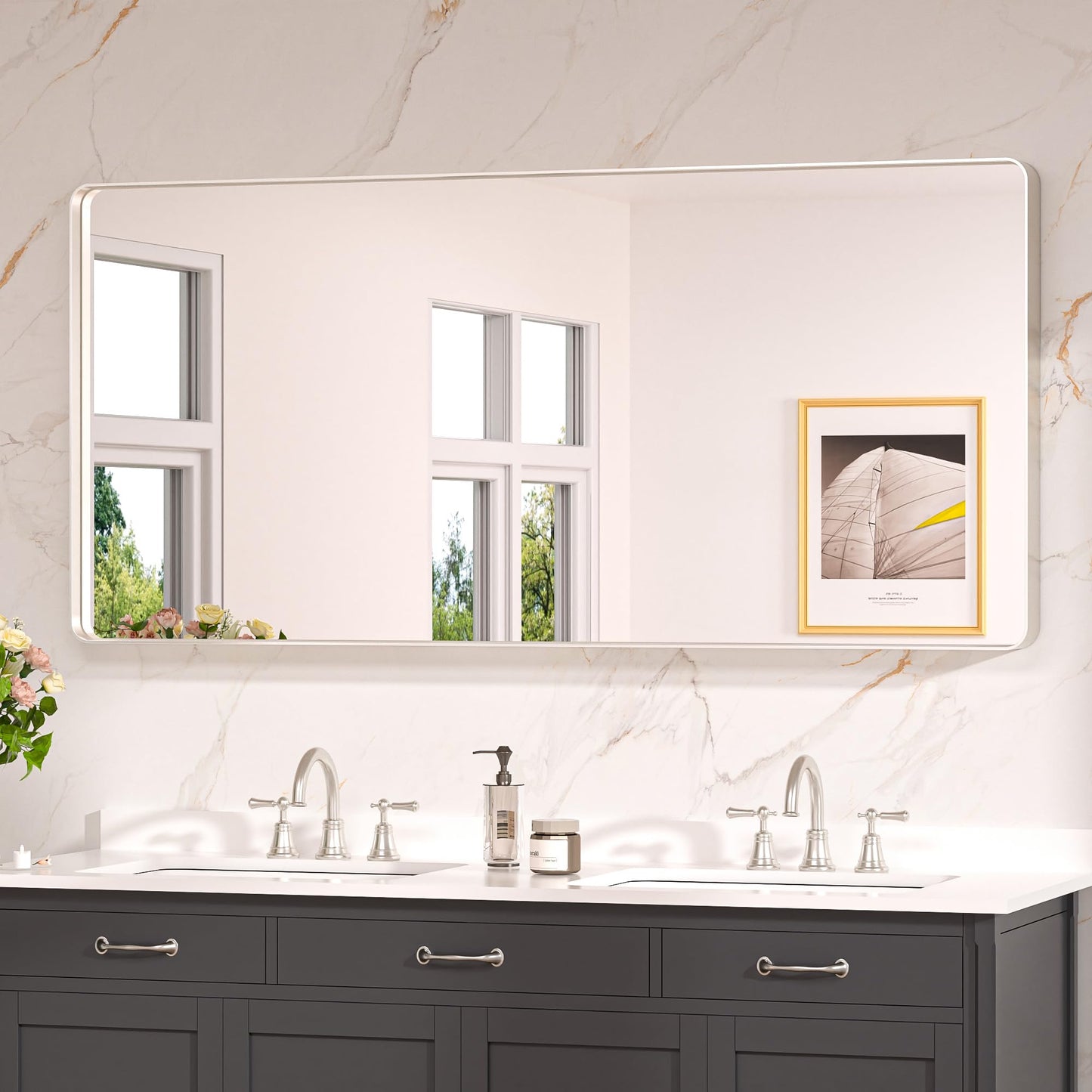 Keonjinn Black Mirror for Bathroom Sink, 24 x 30 Inch Sandblasted Finish Aluminum Wall Mirrors, Matte Black Rectangle Farmhouse Mirror with Shatterproof HD Tempered Glass, Anti-Rust Metal Frame