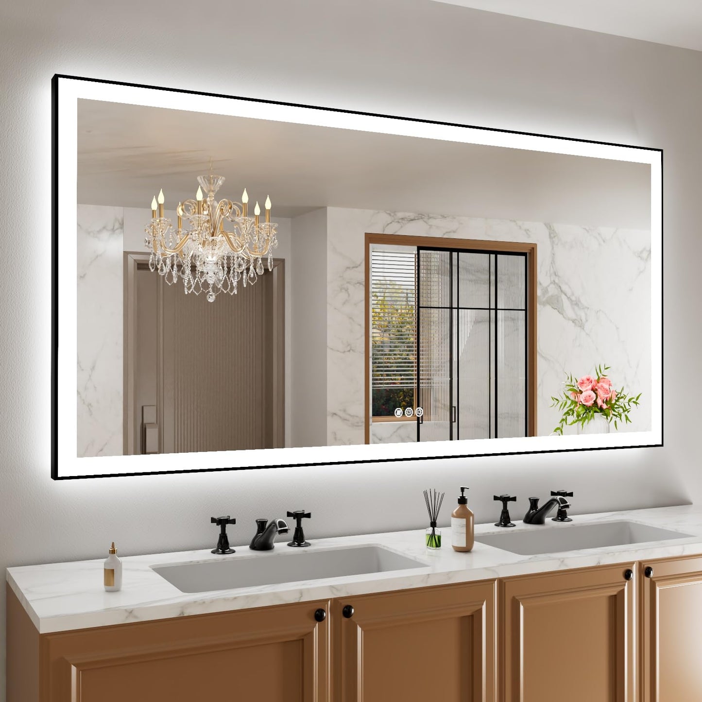 Amorho 20"x 28" LED Bathroom Mirror with Black Frame, Front Light and Backlit(Controlled Separately), Stepless Dimmable, Anti-Fog, Shatter-Proof, 3 Colors, Memory