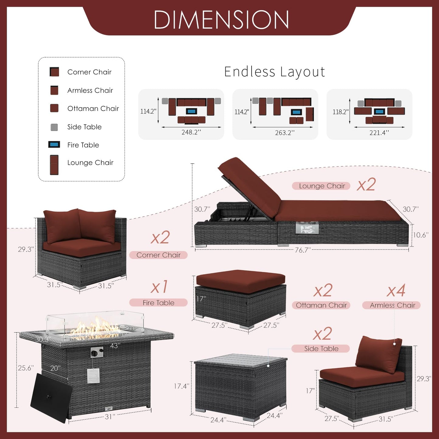 Ensemble de canapé de patio de luxe 13 pièces NICESOUL® avec table de foyer au gaz naturel/propane, ensemble de conversation d'extérieur à dossier haut de 29,3 po, canapé sectionnel extérieur en rotin PE, gris foncé 