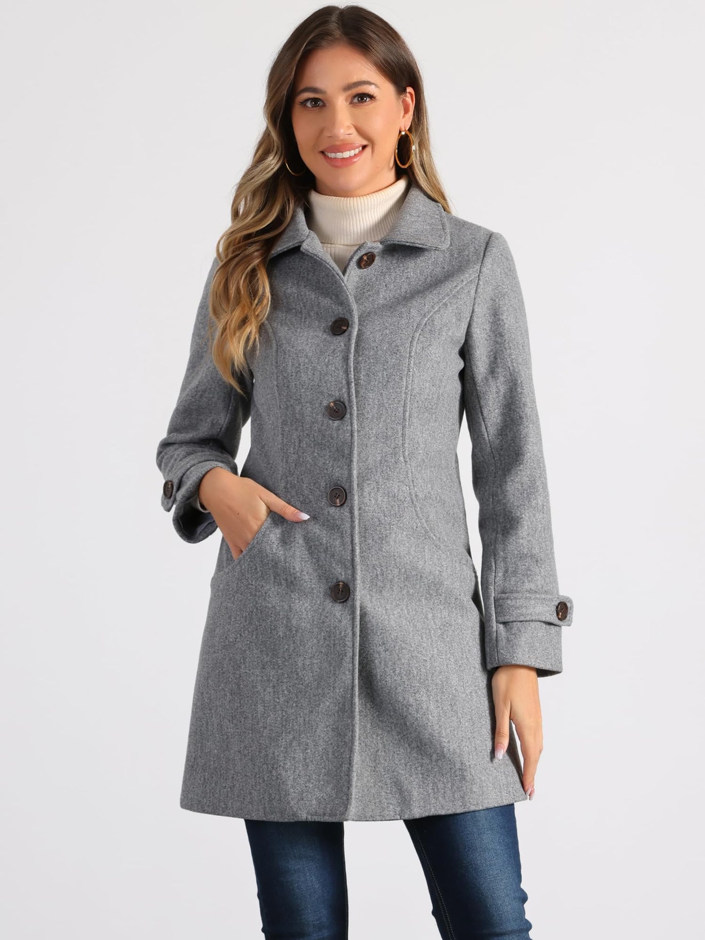 Allegra K Damen Winter Oberbekleidung Mantel Peter Pan Kragen Mitte Oberschenkel A-Linie Einreihig Pea Coat