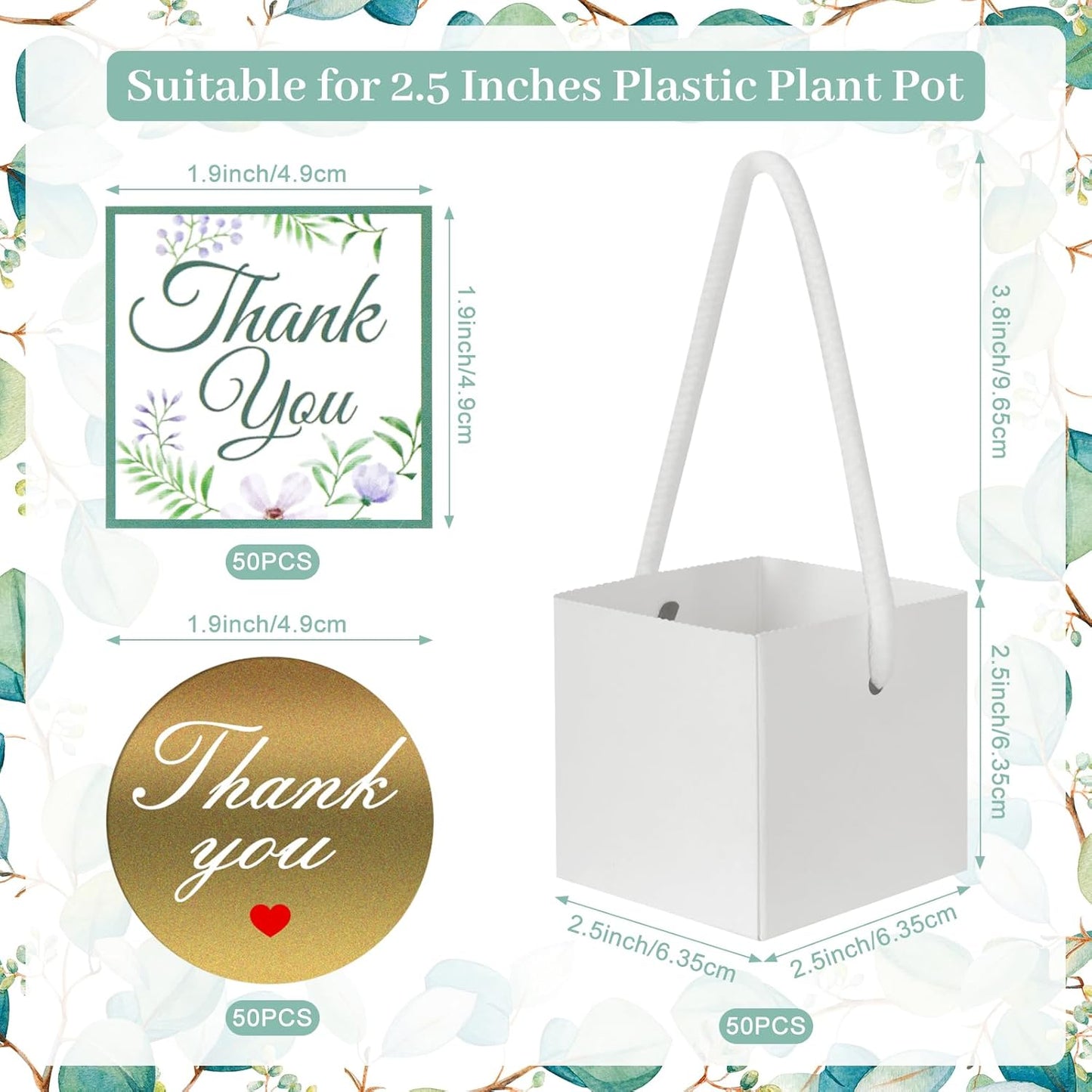 50 Pcs Succulent Wrap Bags with 100 Pcs Thank You Stickers, Unique Baby Shower Succulents Favors Fit 2.5 Inch Pots, Wedding Birthday Graduation Bridal Shower Party Favors for Guest Gift