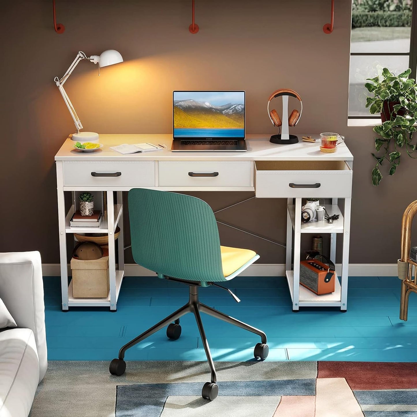 Bureau d'ordinateur de petite taille ODK : table de maison avec tiroirs en tissu et étagères de rangement, bureau d'écriture moderne, noir, 48"x16" 