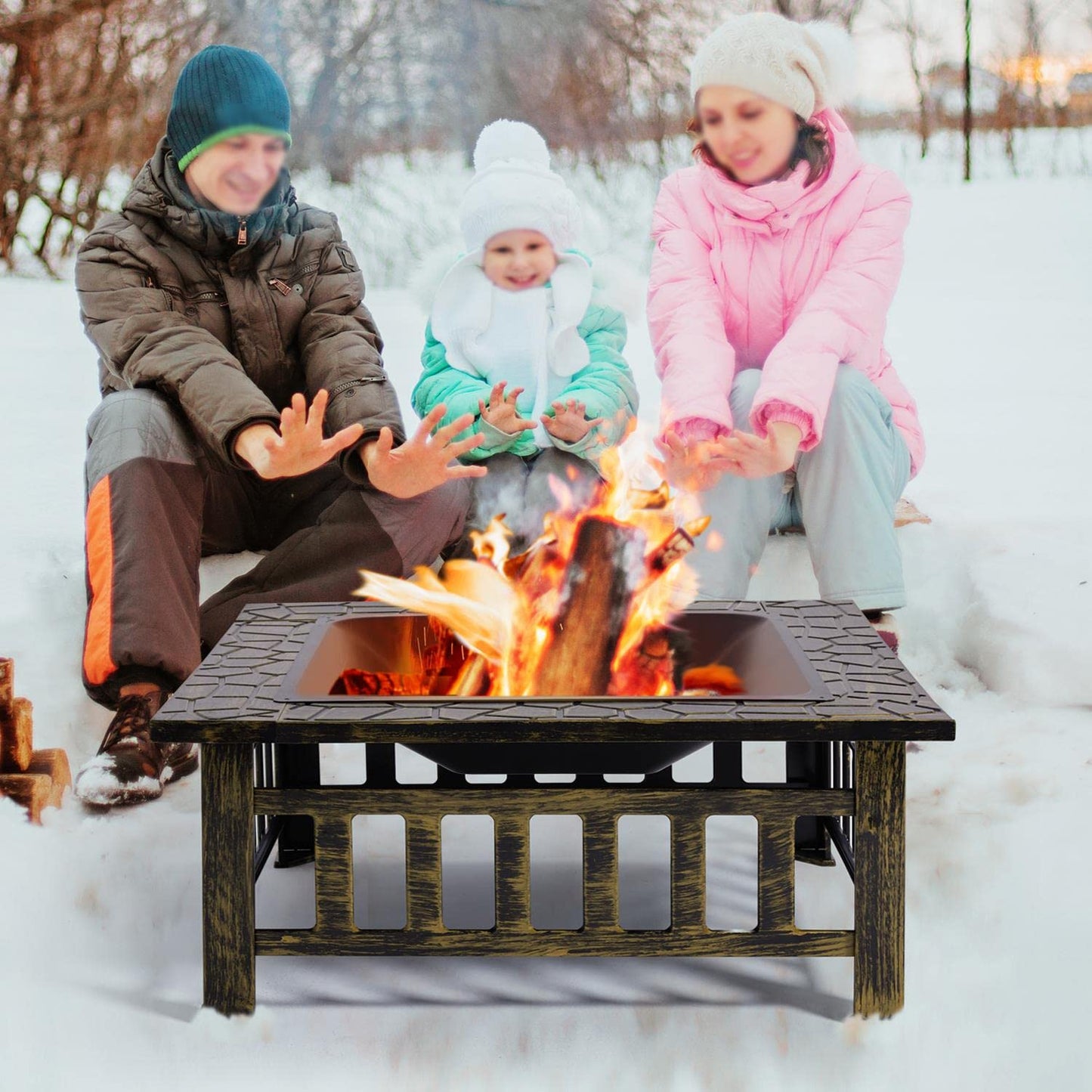 Yaheetech 32 Zoll große Feuerstelle für den Außenbereich, quadratischer Tisch, Gartenofen für Hinterhof, Terrasse, Holzfeuerstelle mit Funkenschutz, Schürhaken und Abdeckung 