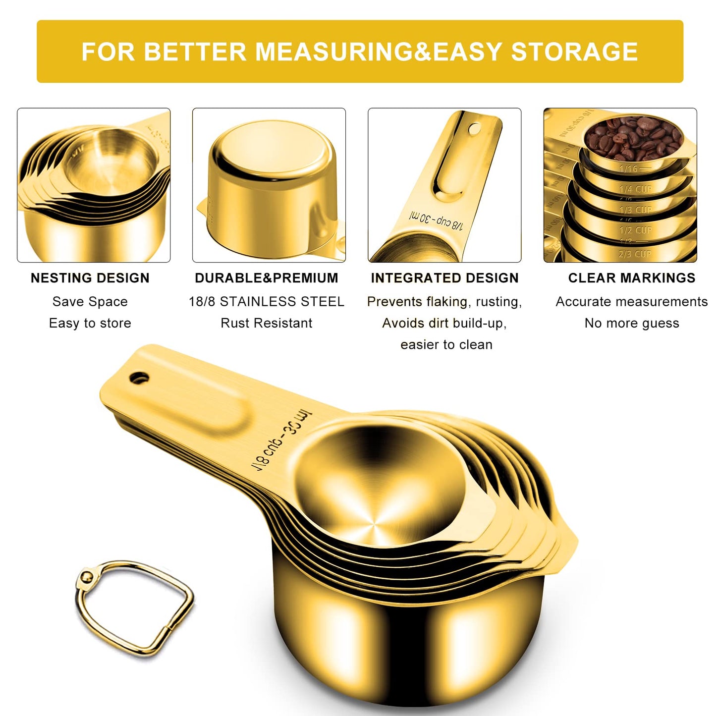 Ensemble de 15 tasses et cuillères à mesurer dorées, en acier inoxydable 18/8, comprenant 7 tasses à mesurer en métal emboîtables, 8 cuillères à mesurer magnétiques - Gadgets de cuisine idéaux pour les besoins de cuisine et de pâtisserie 