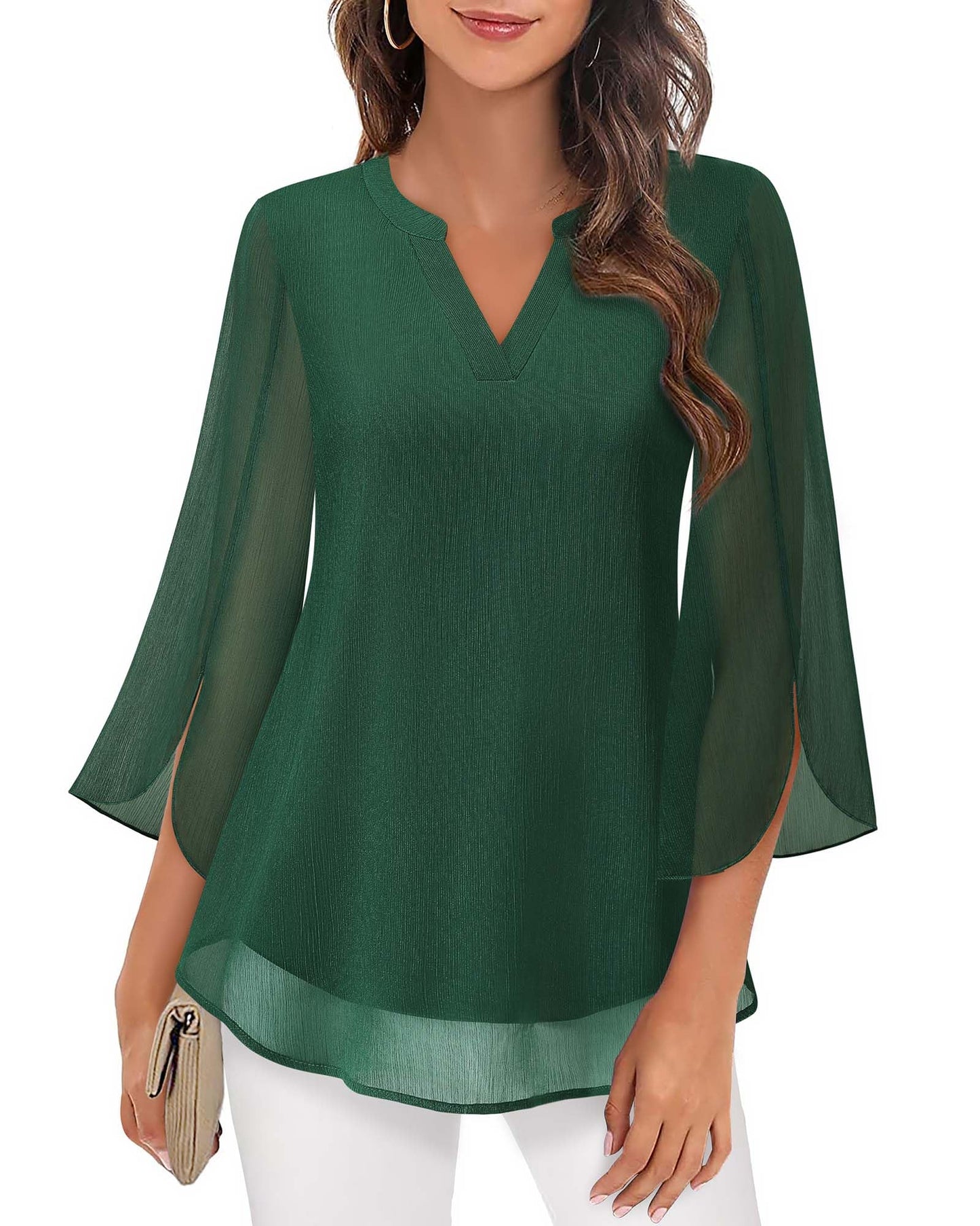 Timeson Women's 3/4 Sleeve Chiffon Blouse Shirt V Neck Dressy Tunic Tops