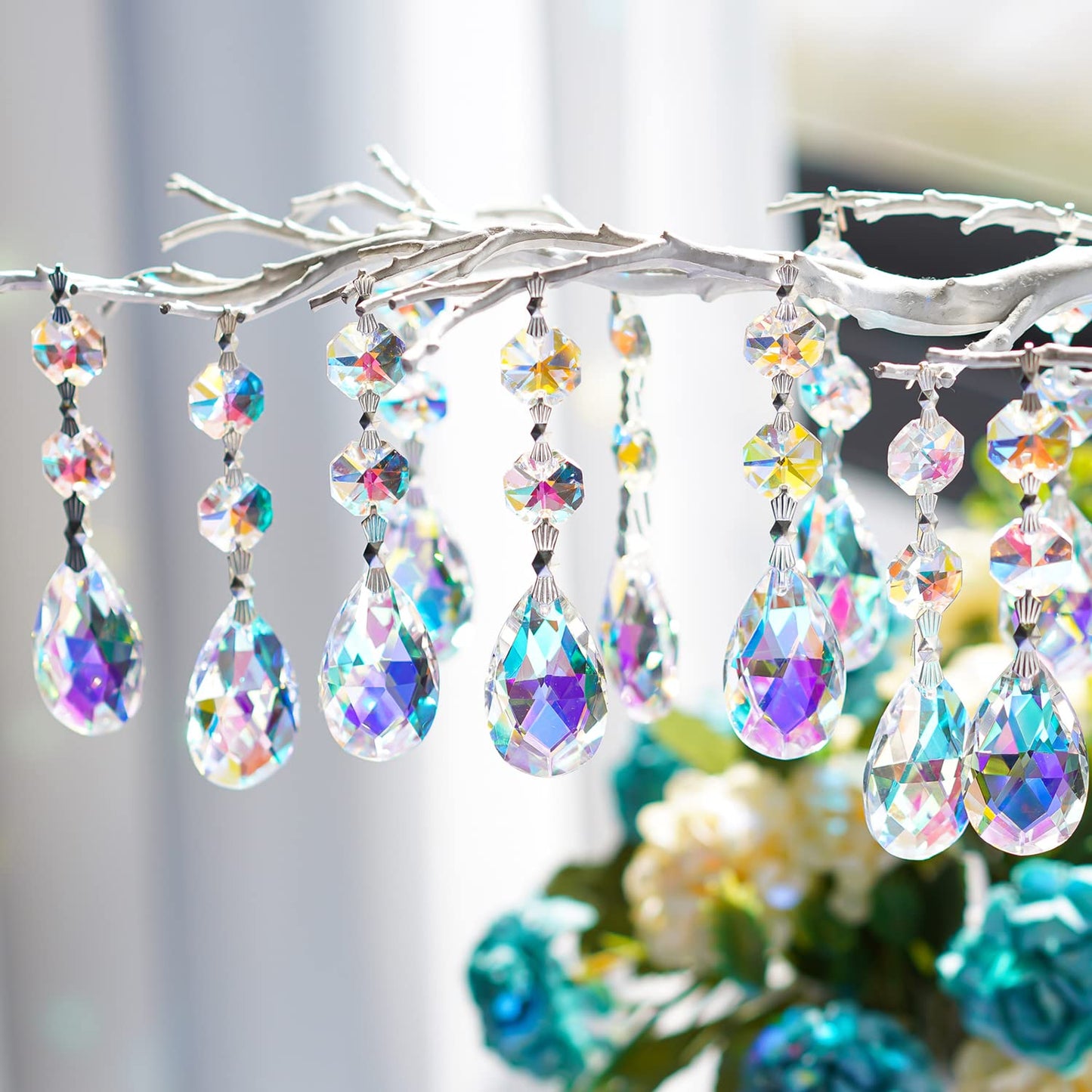 20pcs 38mm Suncatcher Teardrop Chandelier Prisms Crystal Pendants,Colorful Teardrop Crystals for Chandeliers,Glass Prisms Sun Catcher for Chandeliers with Hooks