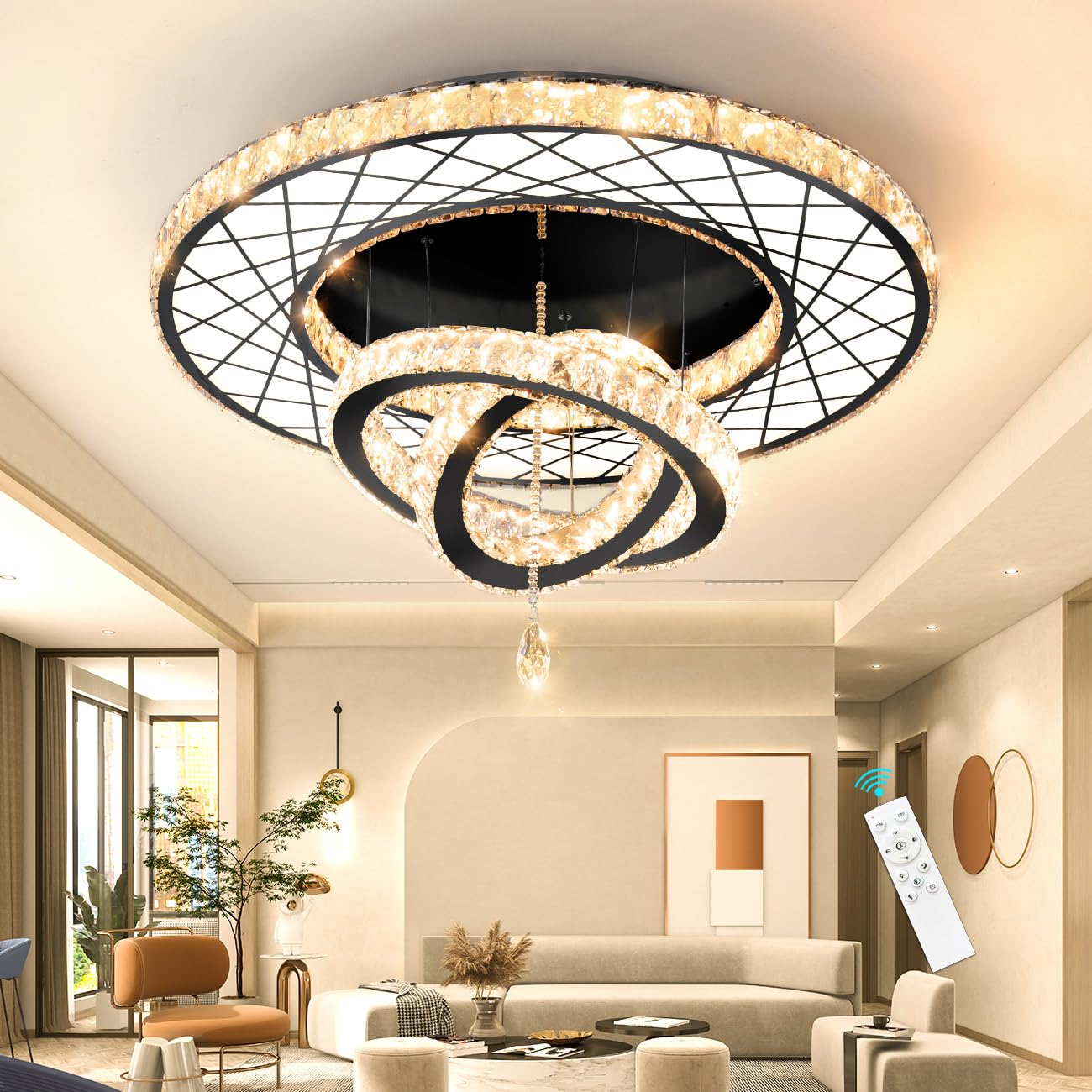 Modern Flush Ceiling Chandelier Bedroom Light Fixtures Crystal Flat Sloping Ceiling Lights for Hallway Kitchen Dining Room Dimmable Light with Remote Gold