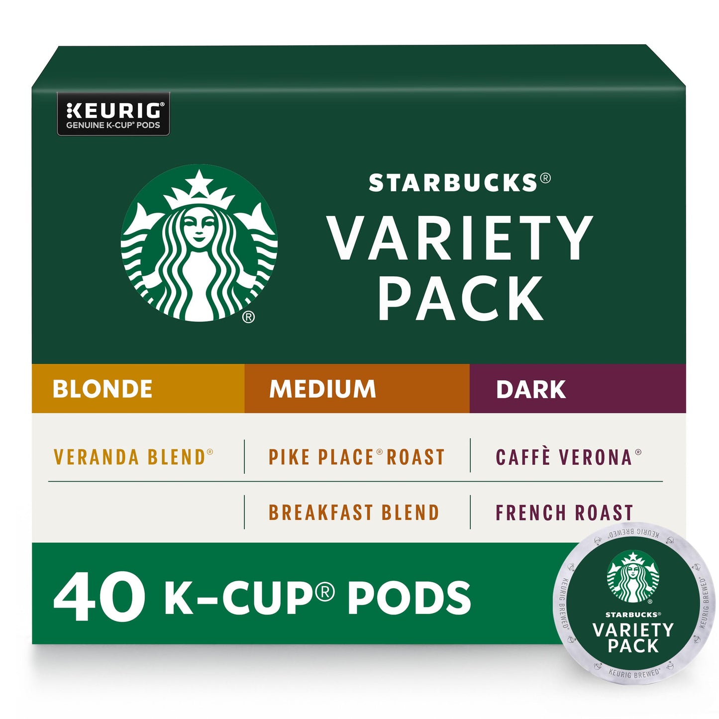 Capsules de café Starbucks K-Cup, pack de variétés de café naturellement aromatisé pour les cafetières Keurig, 100 % arabica, 1 boîte (40 capsules) 