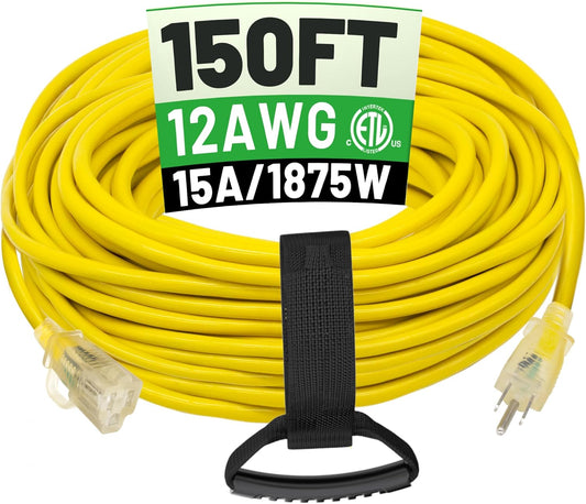 POWGRN 150ft 12/3 Outdoor Extension Cord, 12-Gauge Heavy Duty, Lighted End