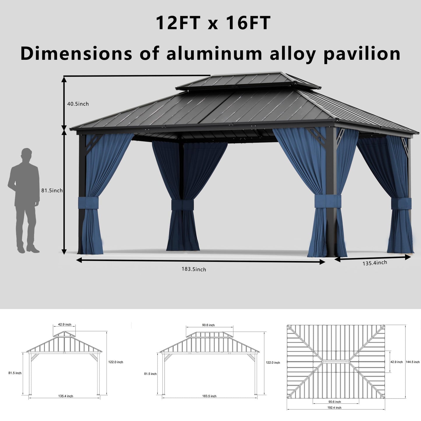 12x20ft Hardtop-Pavillon mit Doppeldach, Außenpavillon mit 2-lagigem Hardtop und verzinktem Eisenrahmen, geeignet für Innenhöfe, Hinterhöfe, Terrassen und Gras 