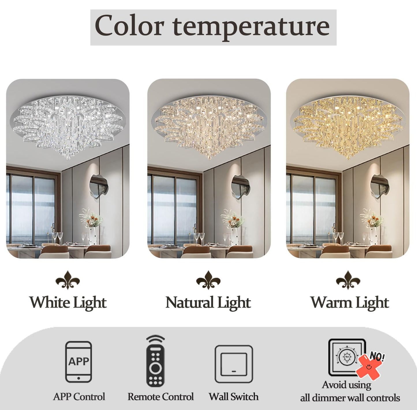 Flashing God W40 Modern Crystal Chandelier for Living Room Crystal Flush Mount LED Gold Ceiling Light Fixture for Foyer Dining Room Hallway Dimmable 2700k 4500k 6000k