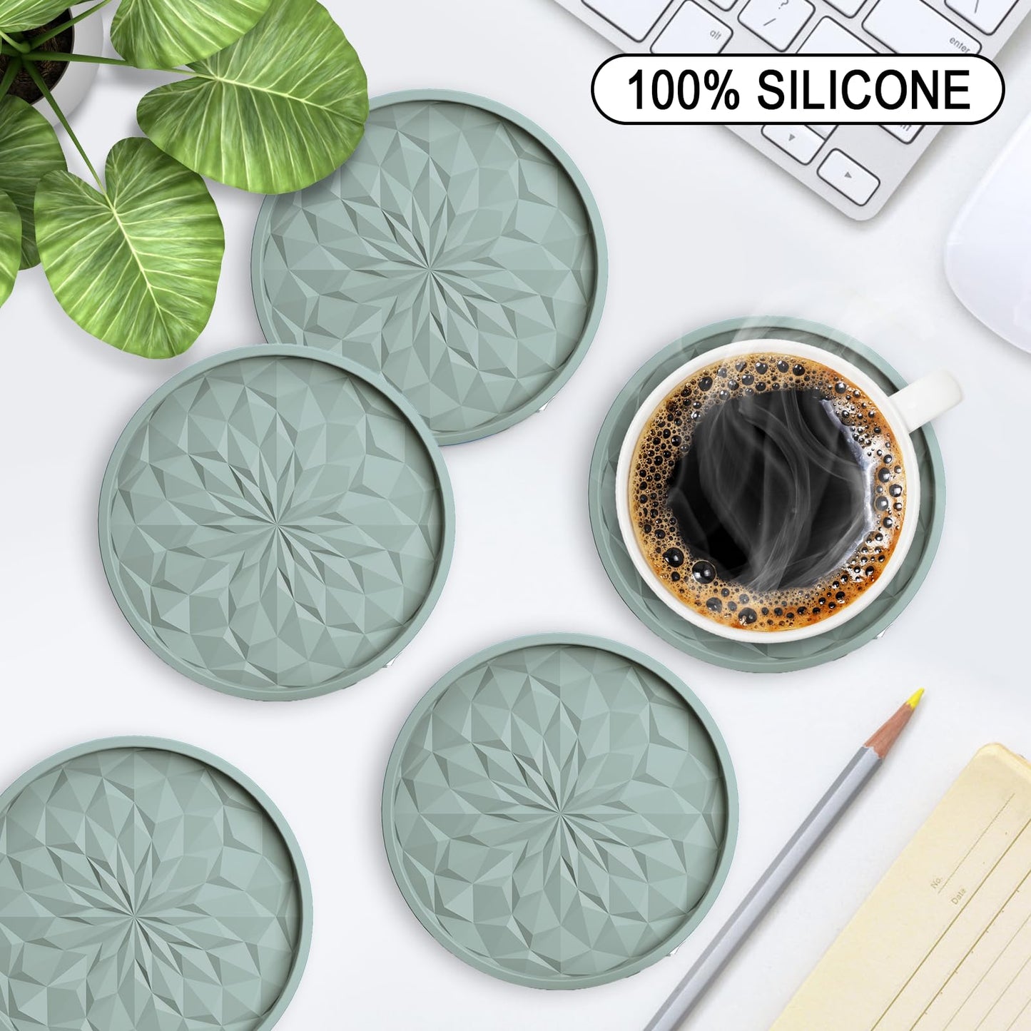 ME.FAN Silicone Coasters [6 Pack] Coasters with Holder - Drinking Coasters - Cup Mat for Drinks - Live for Hot or Cold Drink Thickened, Non-Slip, Non-stick, Deep Tray Teal Blue