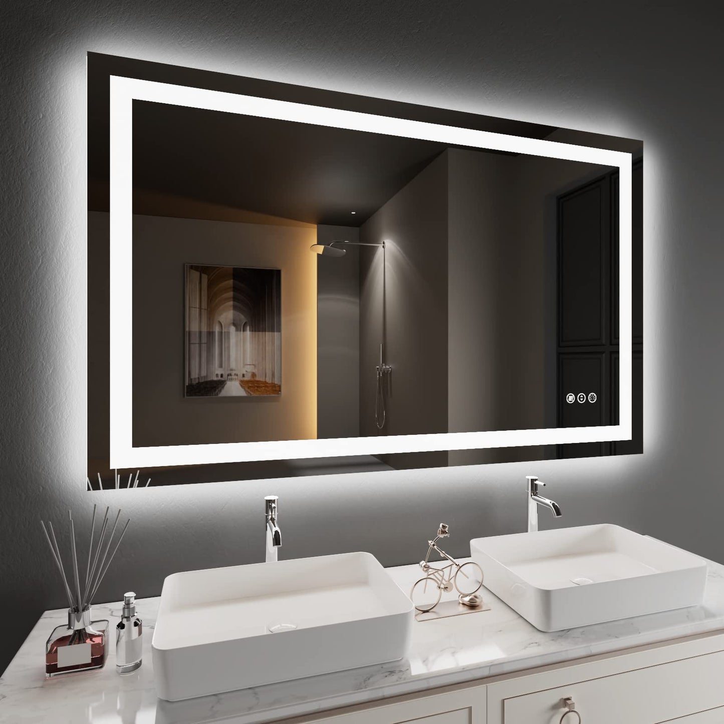 Amorho 20"x 28" LED Bathroom Mirror with Black Frame, Front Light and Backlit(Controlled Separately), Stepless Dimmable, Anti-Fog, Shatter-Proof, 3 Colors, Memory