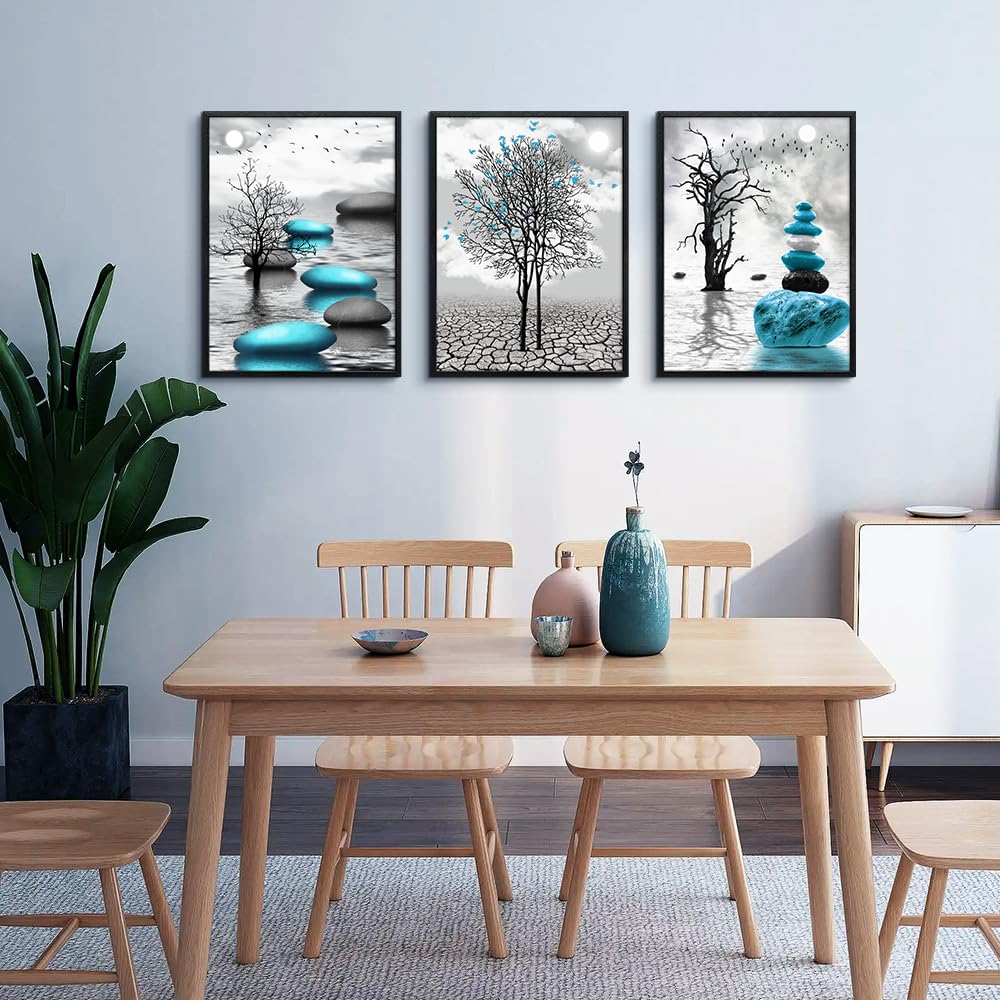 Canvas Wall Art for Living Room Wall Decor for Bedroom Bathroom Black and White Paintings Modern 3 Piece Framed Canvas Art Prints Ready to Hang Inspirational Abstract Blue Pictures Home Decorations