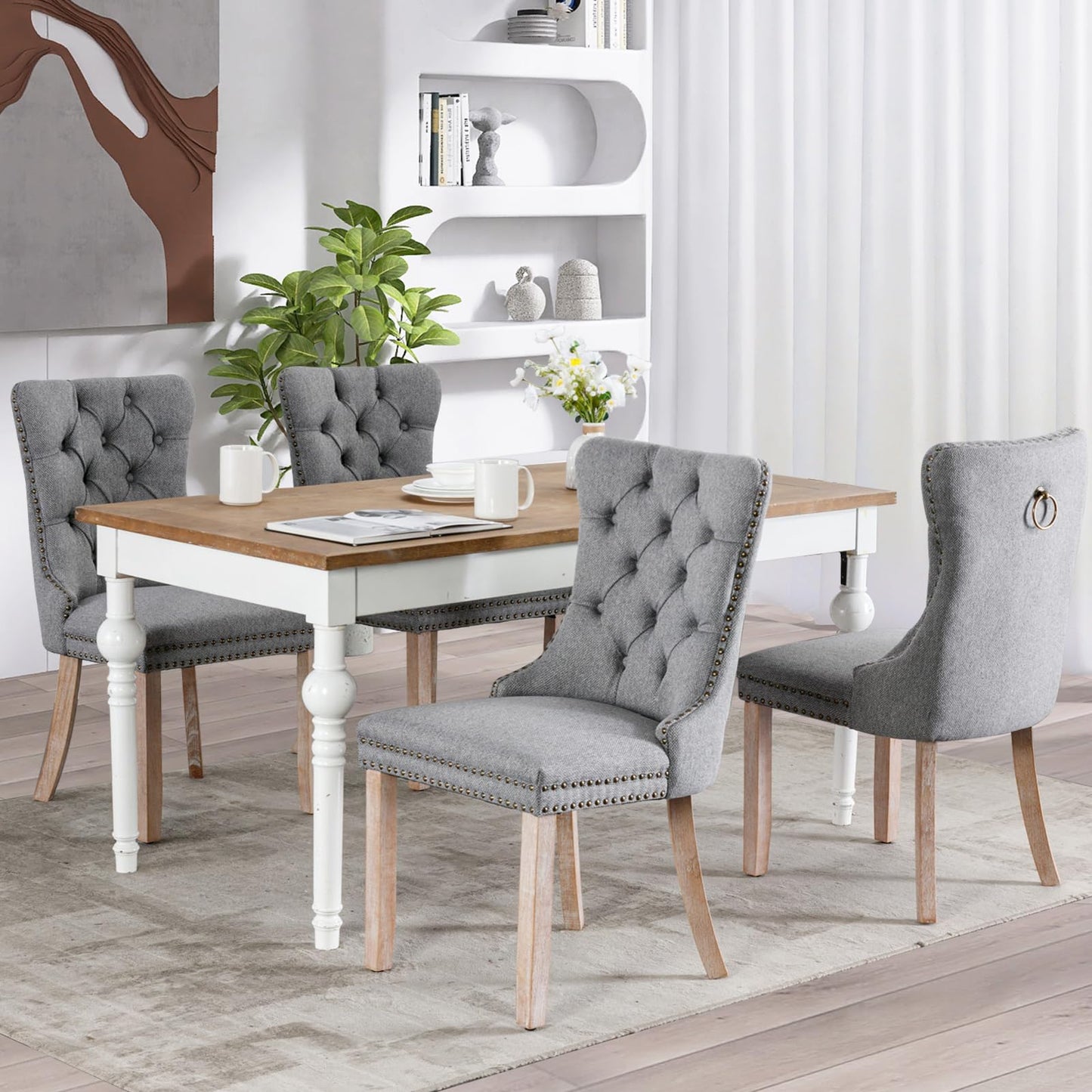 Lot de 8 chaises de salle à manger en cuir SoarFlash, chaise d'appoint à dossier haut, chaise d'appoint rembourrée moderne avec anneau de dossier à boutons, pieds en bois massif (noir et gris) 