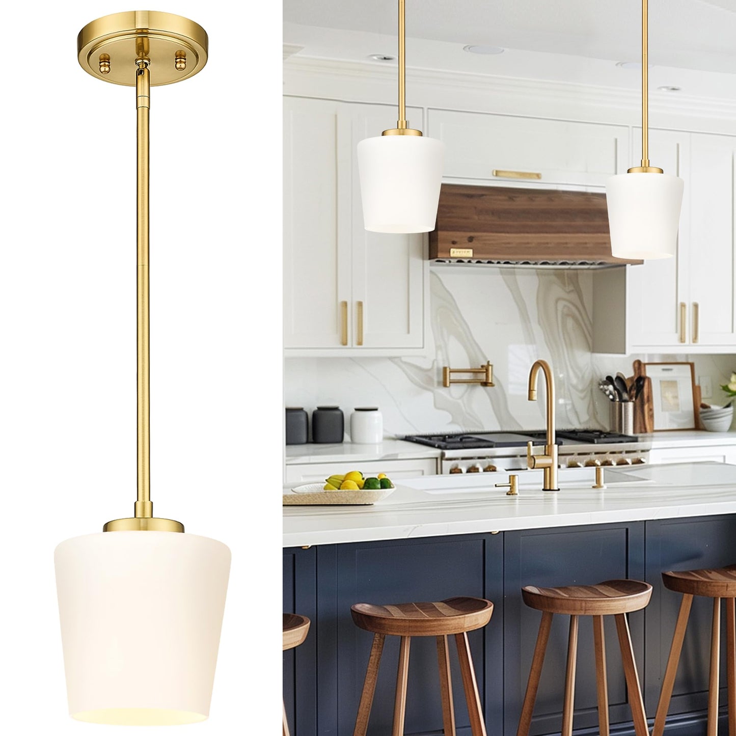 3-Light Pendant Light Fixtures, Brushed Gold Dining Room Light Fixture Over Table, Adjustable Kitchen Island Lighting with Milk White Glass, Farmhouse Hanging Light Fixture, AD-22004-3P-GD