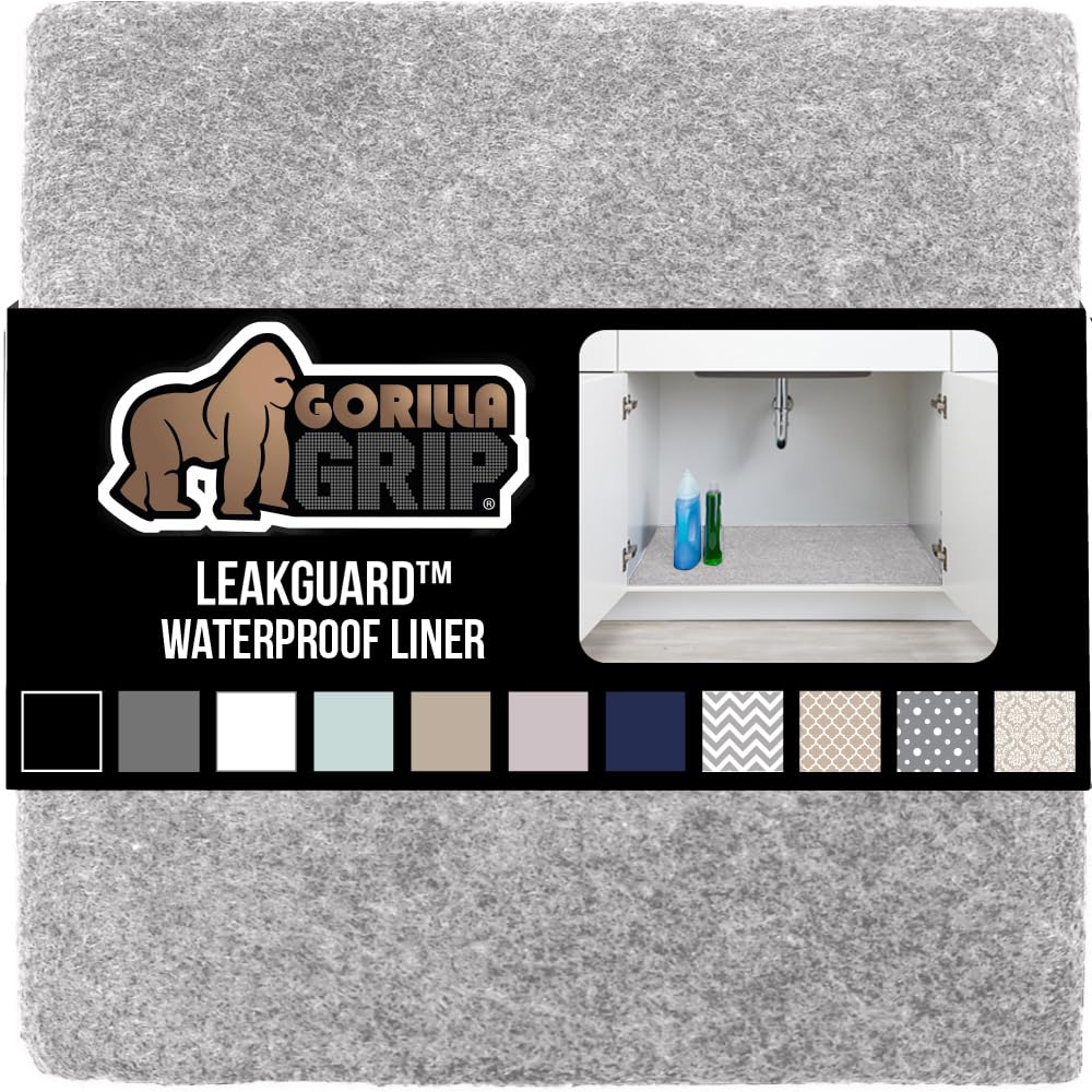 Gorilla Grip LeakGuard Non-Adhesive Under Sink Mat for Kitchen Cabinet, 24x40, Waterproof Quick Dry Shelf Liner, Durable Absorbent Felt Mats for Bathroom Sinks, Cabinets, Dresser, Damask Taupe Cream