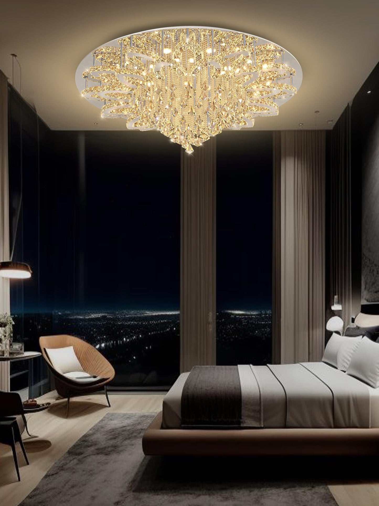 Flashing God W40 Modern Crystal Chandelier for Living Room Crystal Flush Mount LED Gold Ceiling Light Fixture for Foyer Dining Room Hallway Dimmable 2700k 4500k 6000k