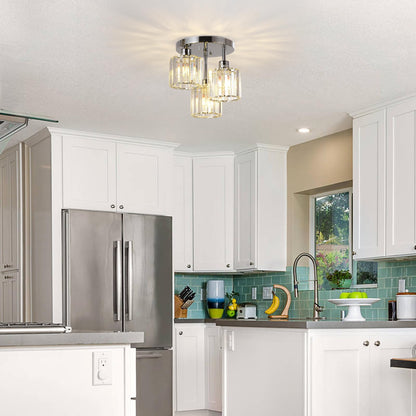 3-Light Crystal Semi Flush Mount Ceiling Light | Black Modern Fixture for Kitchen, Hallway & Bedroom