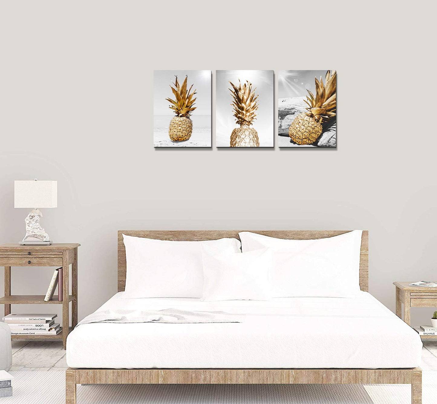 TTHYUEWS Canvas Wall Art for bar kitchen Living Room Office Bathroom home decoration Board Black and white Beach scenery golden Pineapple pictures Artwork restaurant Wall Decor Ready to Hang