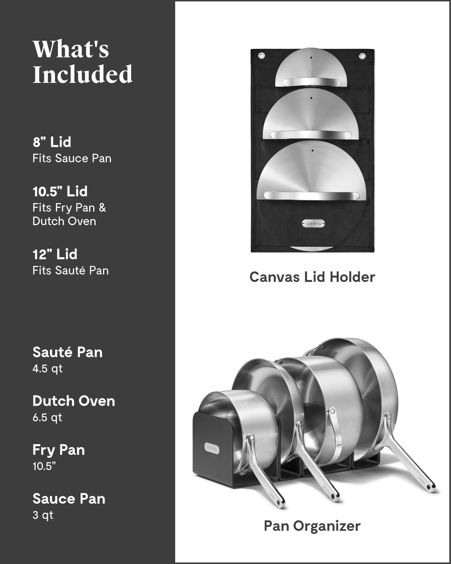 Batterie de cuisine en acier inoxydable Caraway (4 pièces) - Casseroles et poêles en acier inoxydable à 5 couches - Comprend une poêle à frire, une casserole, une sauteuse, un faitout et un rangement - Non toxique, sans PTFE ni PFOA 