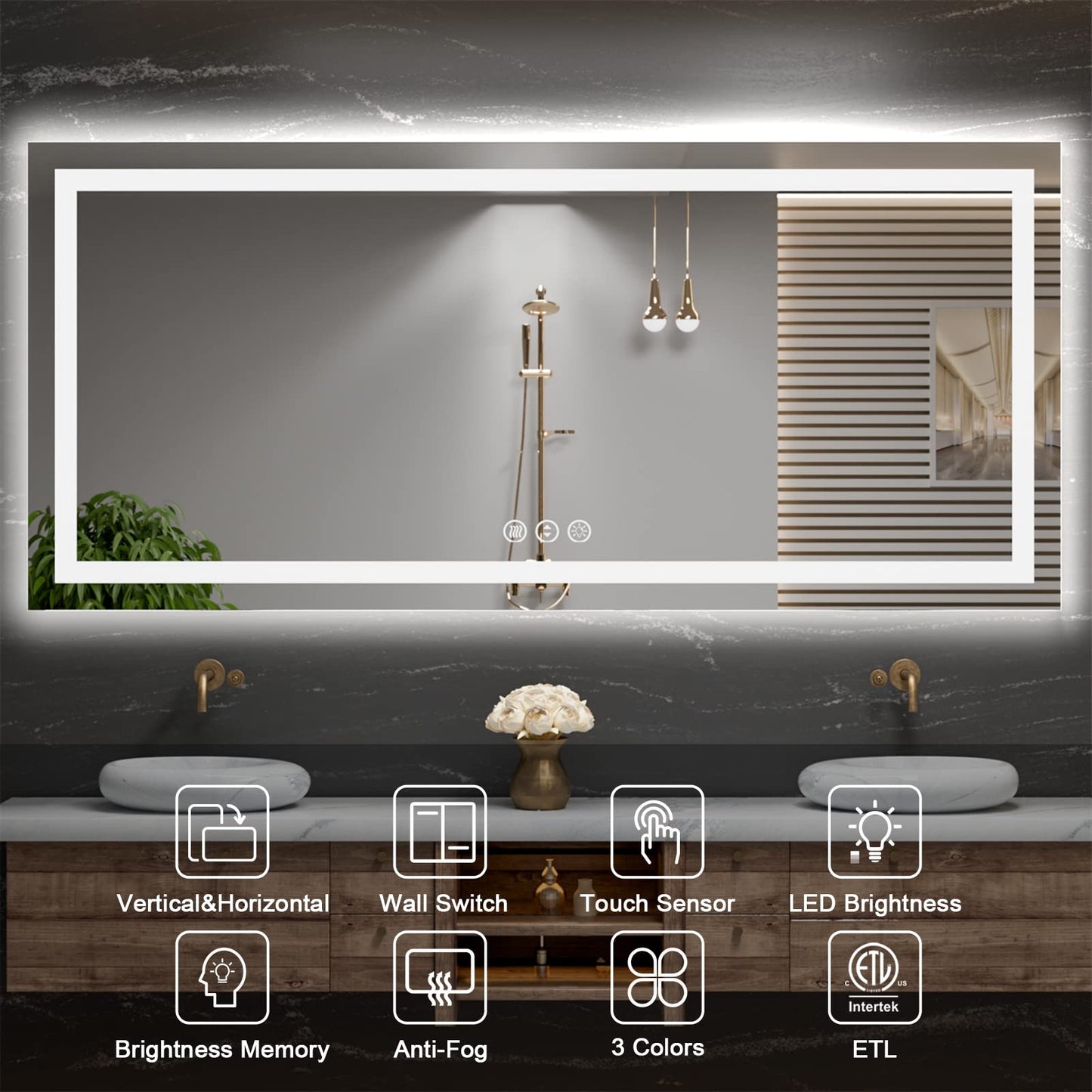 Amorho 20"x 28" LED Bathroom Mirror with Black Frame, Front Light and Backlit(Controlled Separately), Stepless Dimmable, Anti-Fog, Shatter-Proof, 3 Colors, Memory