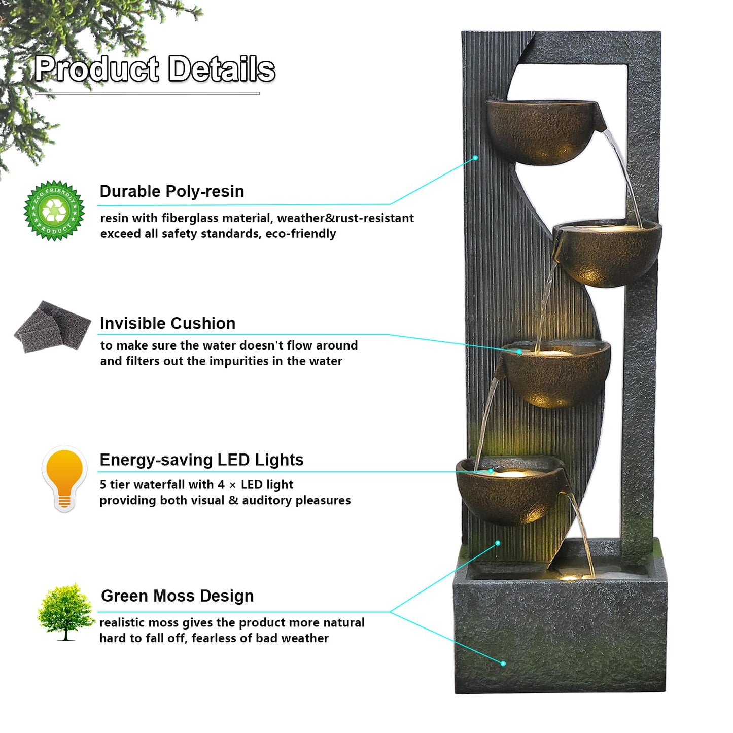 Outdoor Water Fountain Circular Elegance Waterfalls Fountain Indoor Floor Standing Water Fountains with LED Lights, Pump for Garden, Living Room, Patio, 38 inches Height