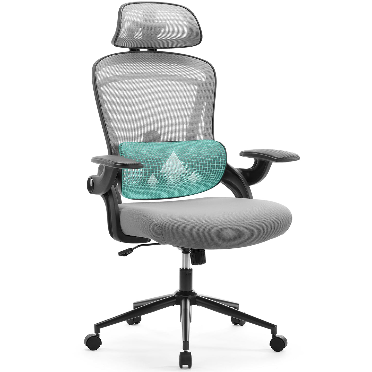 Chaise de bureau ergonomique en maille, chaise de bureau à dossier haut avec appui-tête 2D, support lombaire haut et bas, chaise de travail d'ordinateur pivotante avec accoudoirs rabattables réglables, noir 