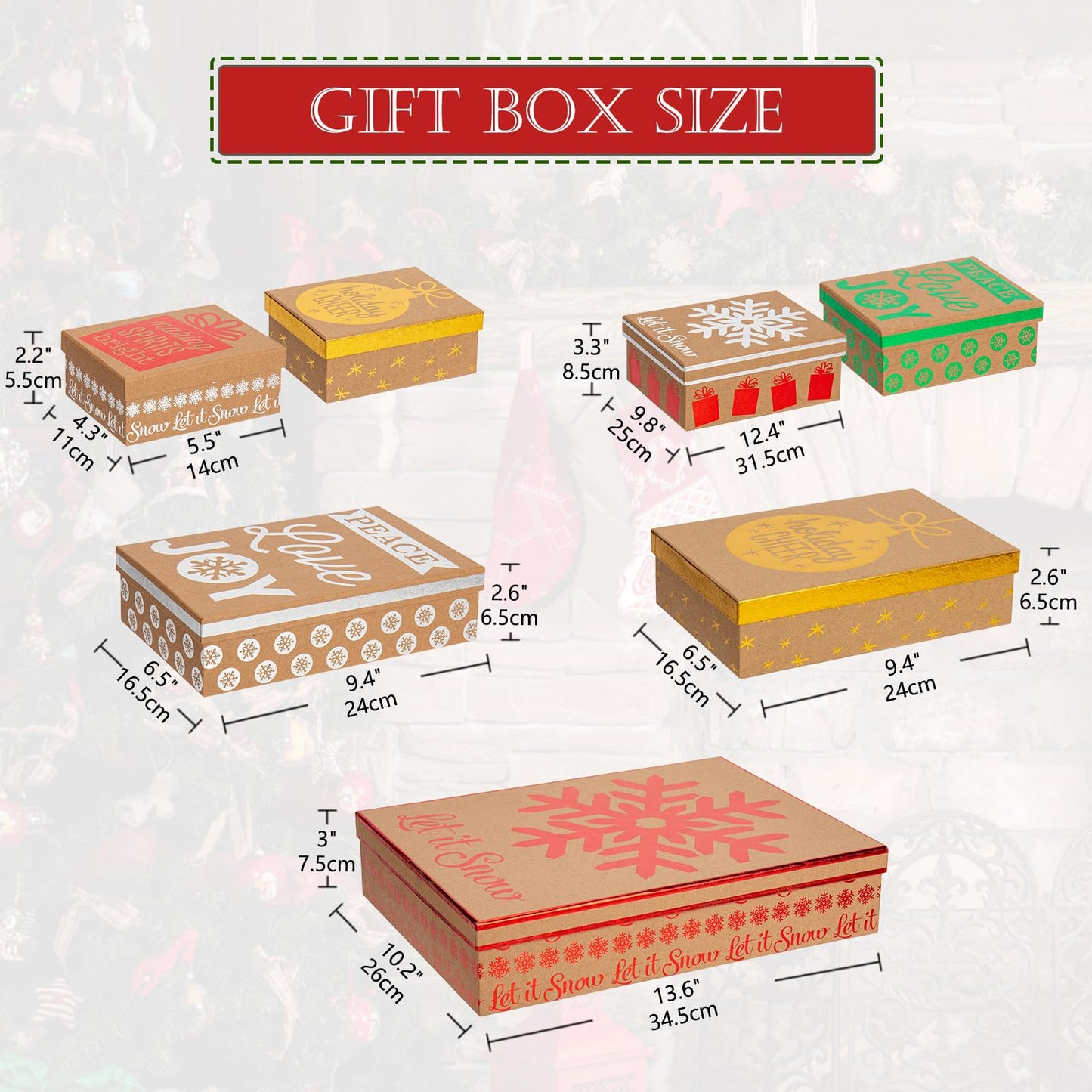 Hollyone 4 Kraft Christmas Gift Boxes with Lids Merry Christmas Sign Gift Wrap Boxes 4 Sizes Xmas Gift Boxes Shirt Box for Wrapping Christmas Holiday Birthday Wedding Present