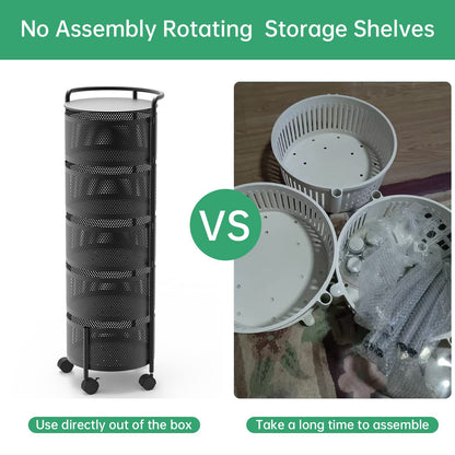 No Assembly Required Vegetable Storage Rack, 4-Tier Rotating Fruit Basket with Wheels, Heavy Duty Carbon Steel Kitchen Storage Cart