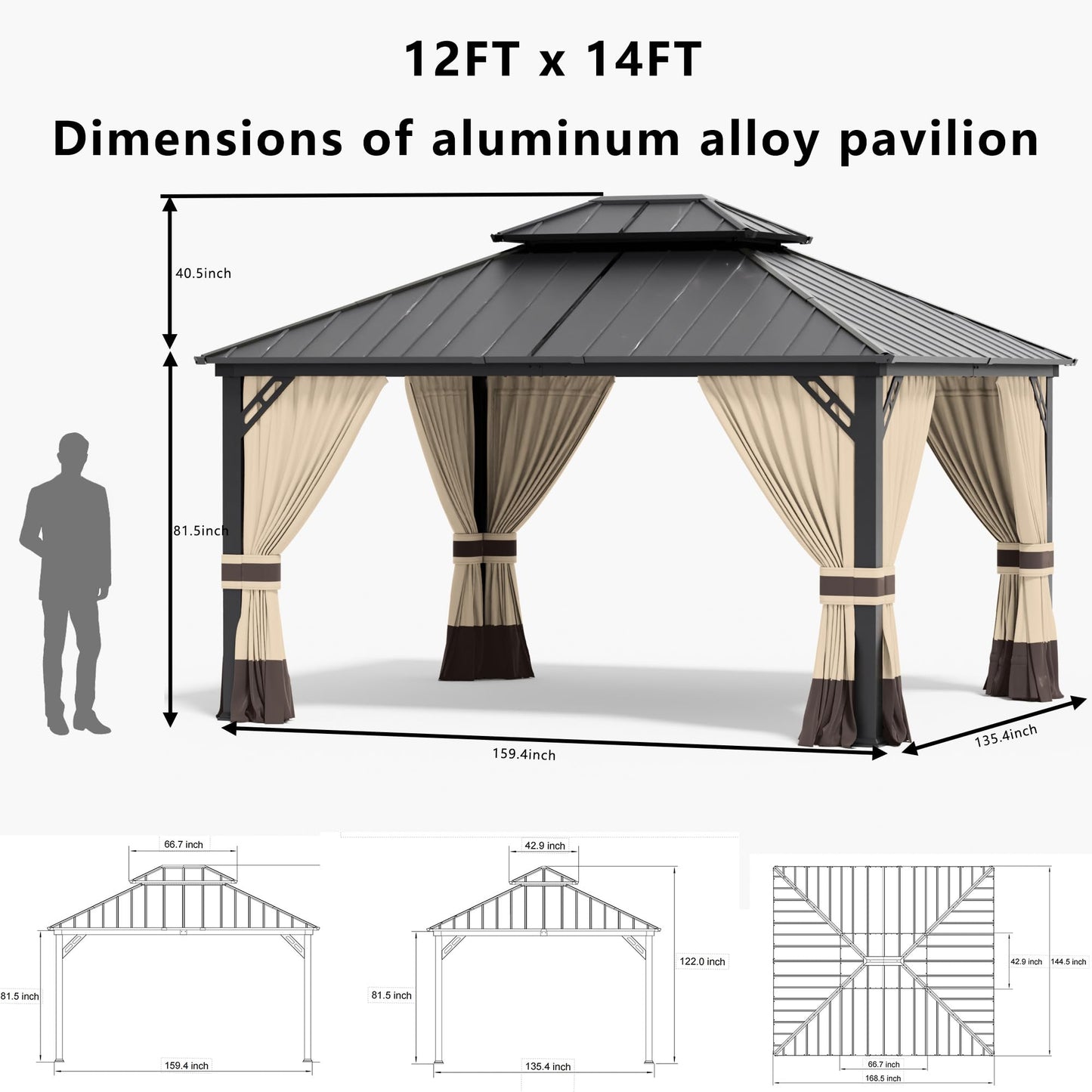 Pavillon à toit rigide de 12 x 20 pieds à double toit, pavillon extérieur avec toit rigide à 2 couches, tente de jardin à cadre en fer galvanisé, convient aux cours, aux arrière-cours, aux terrasses et à l'herbe 