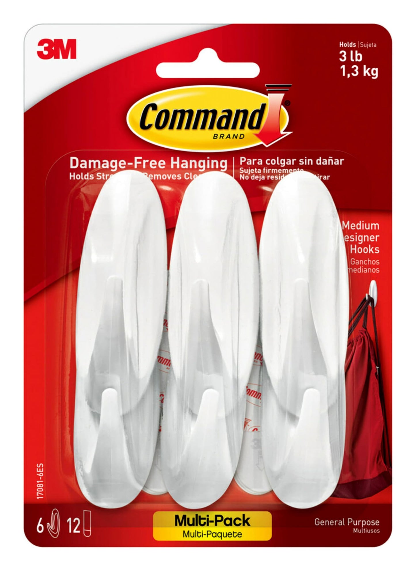 Command Medium Designer Hooks, Damage Free Hanging Wall Hooks with Adhesive Strips, No Tools Wall Hooks for Hanging Decorations in Living Spaces, 9 White Hooks and 12 Command Strips