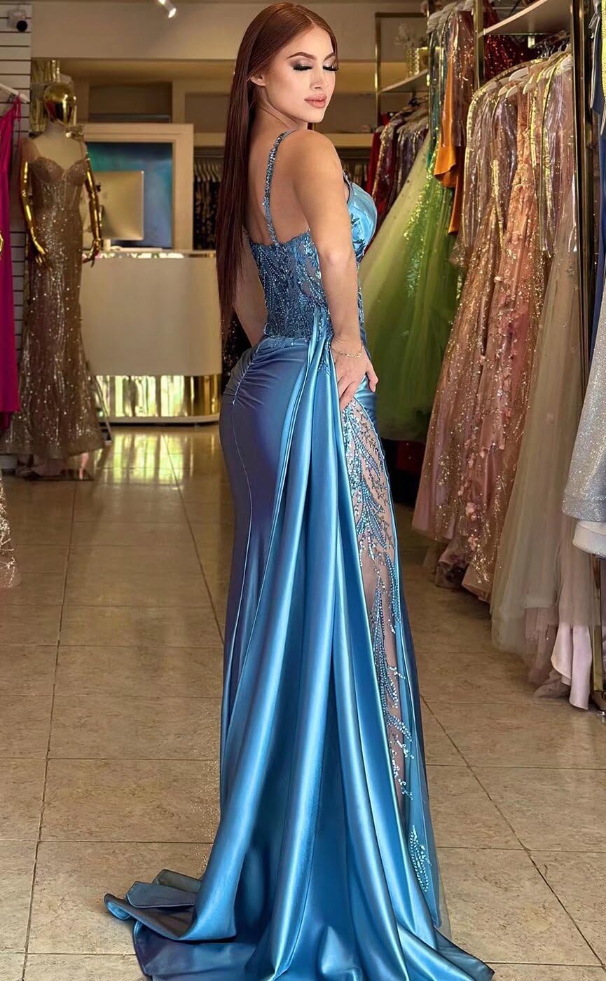 V Neck Satin Prom Dresses Long Mermaid Lace Evening Gown with Slit Pleated Bodycon Formal Dress with Tail