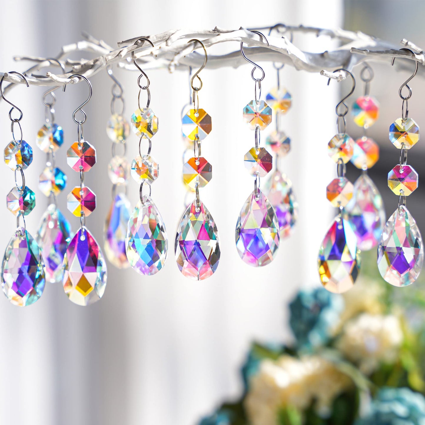 20pcs 38mm Suncatcher Teardrop Chandelier Prisms Crystal Pendants,Colorful Teardrop Crystals for Chandeliers,Glass Prisms Sun Catcher for Chandeliers with Hooks